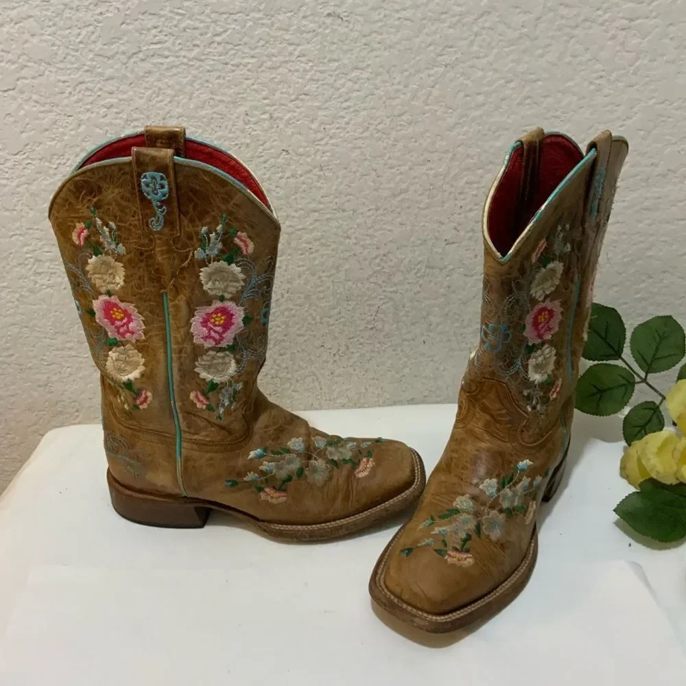 Macie Bean Boots Girls SZ 3 Floral Rose Garden Cowgirl Brown Leather